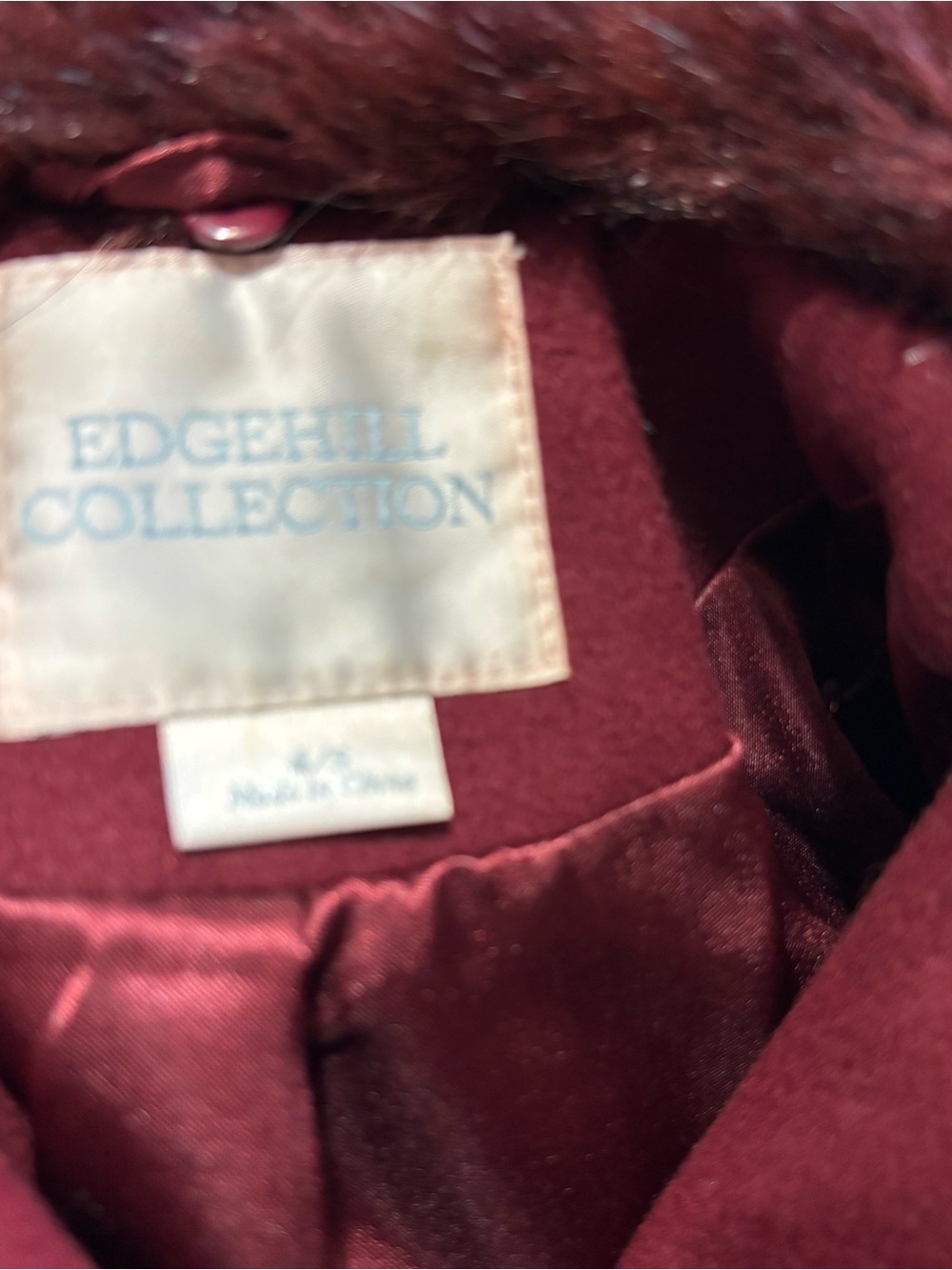 Edgehill Collection Single-Breasted Girl’ 4/5 Burgundy Coat removable collar - Picture 4 of 9